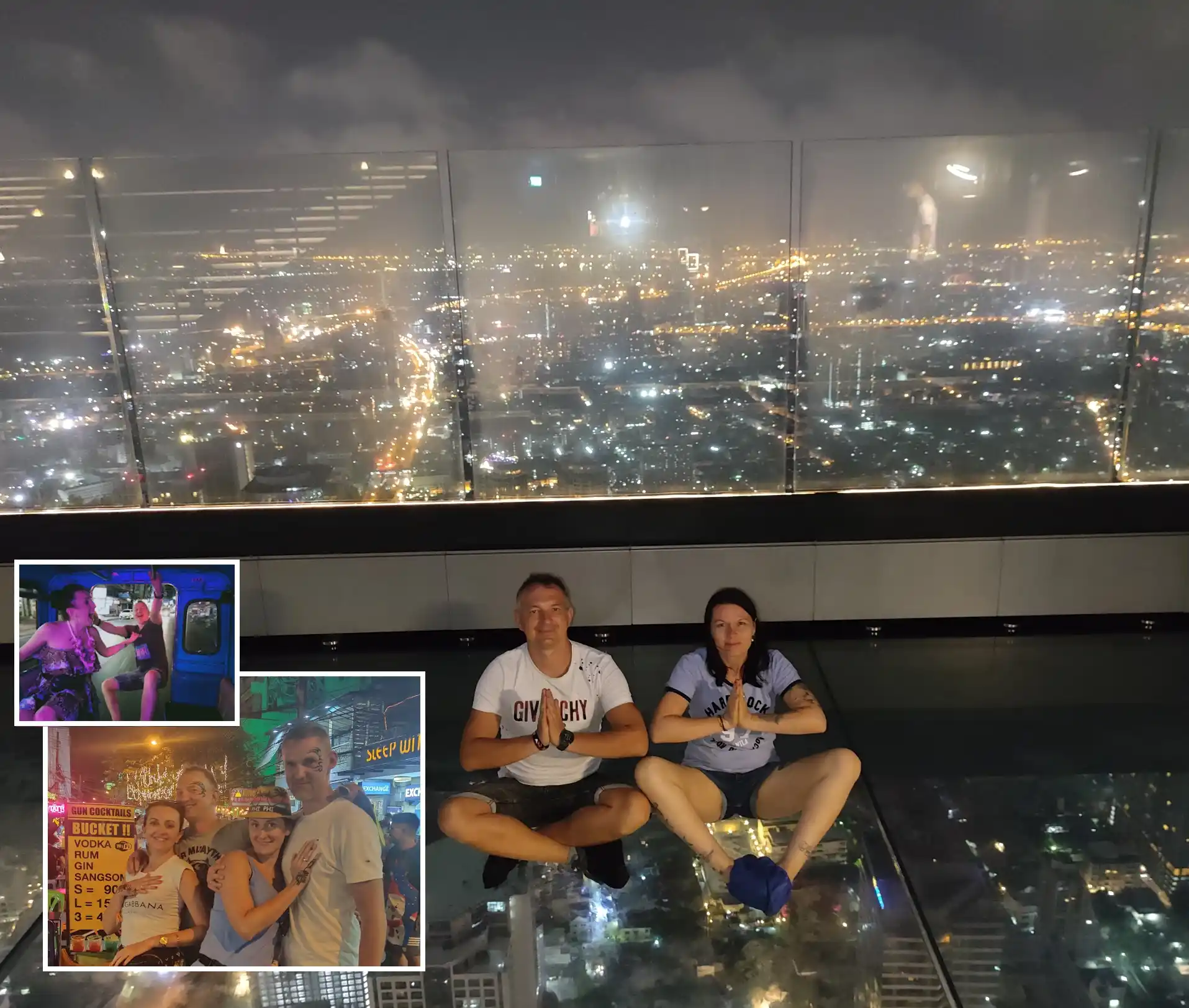 Para turystów na szklanym tarasie widokowym w Bangkoku nocą z panoramą rozświetlonego miasta