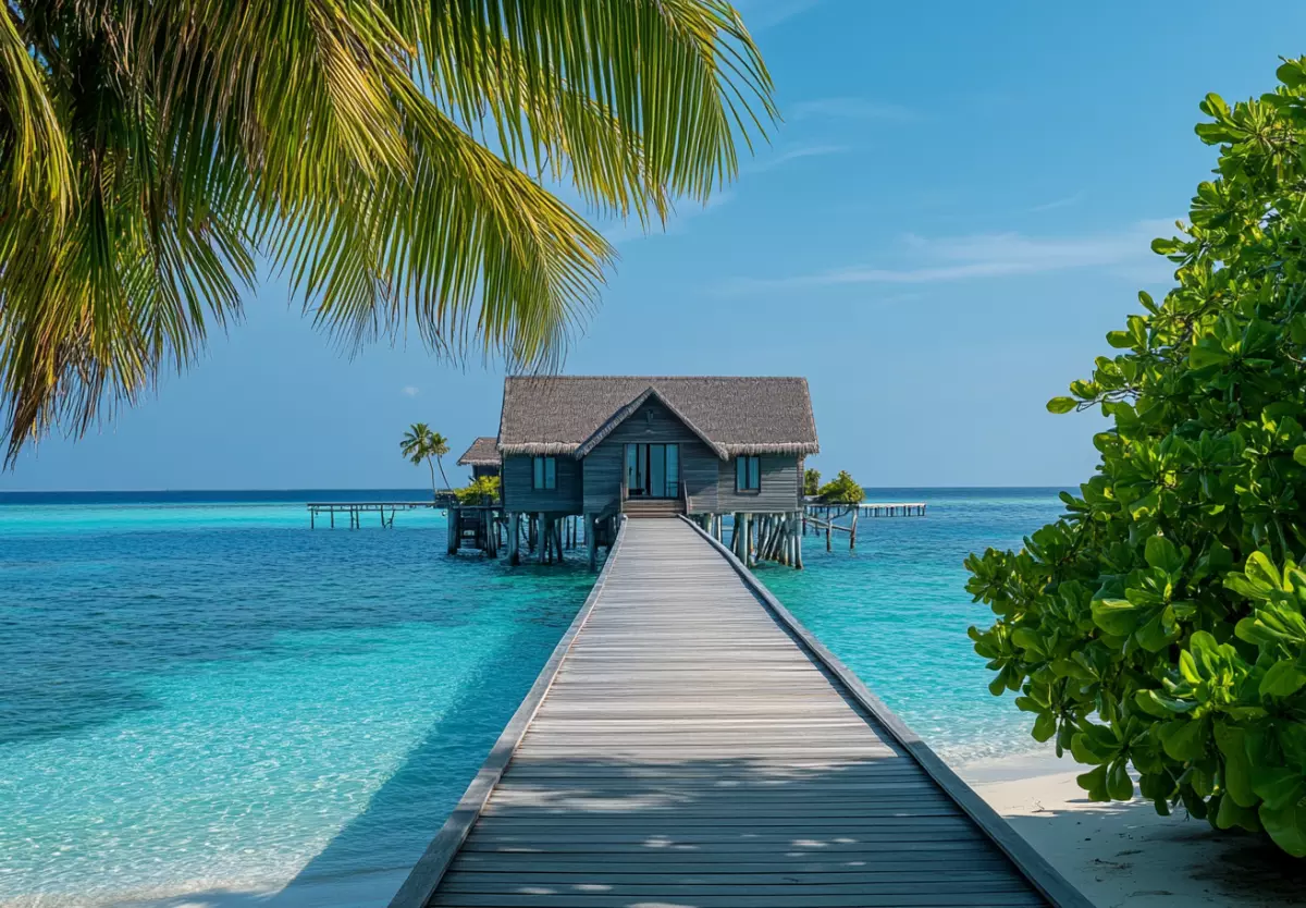 widok z plaży na Malediwach na pomost prowadzący do domku na morzu