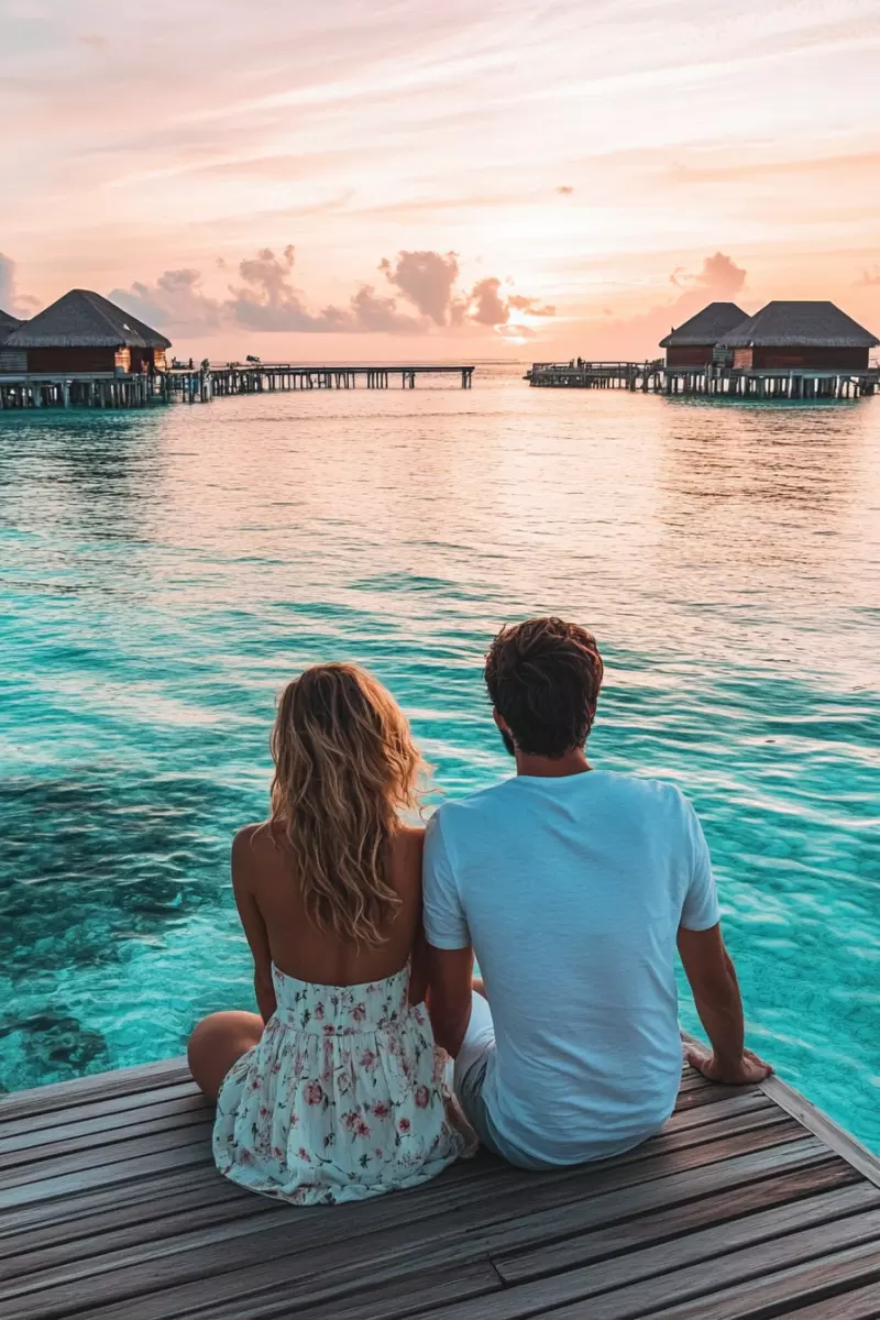 dwie osoby siedzą na brzegu pomostu na Malediwach i patrzą na zachód słońca