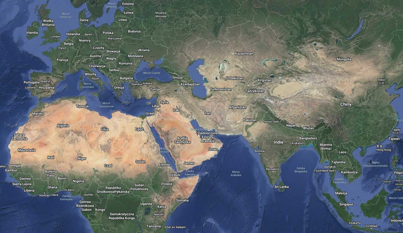 Mapa świata z zaznaczonymi granicami Saudi Arabii.