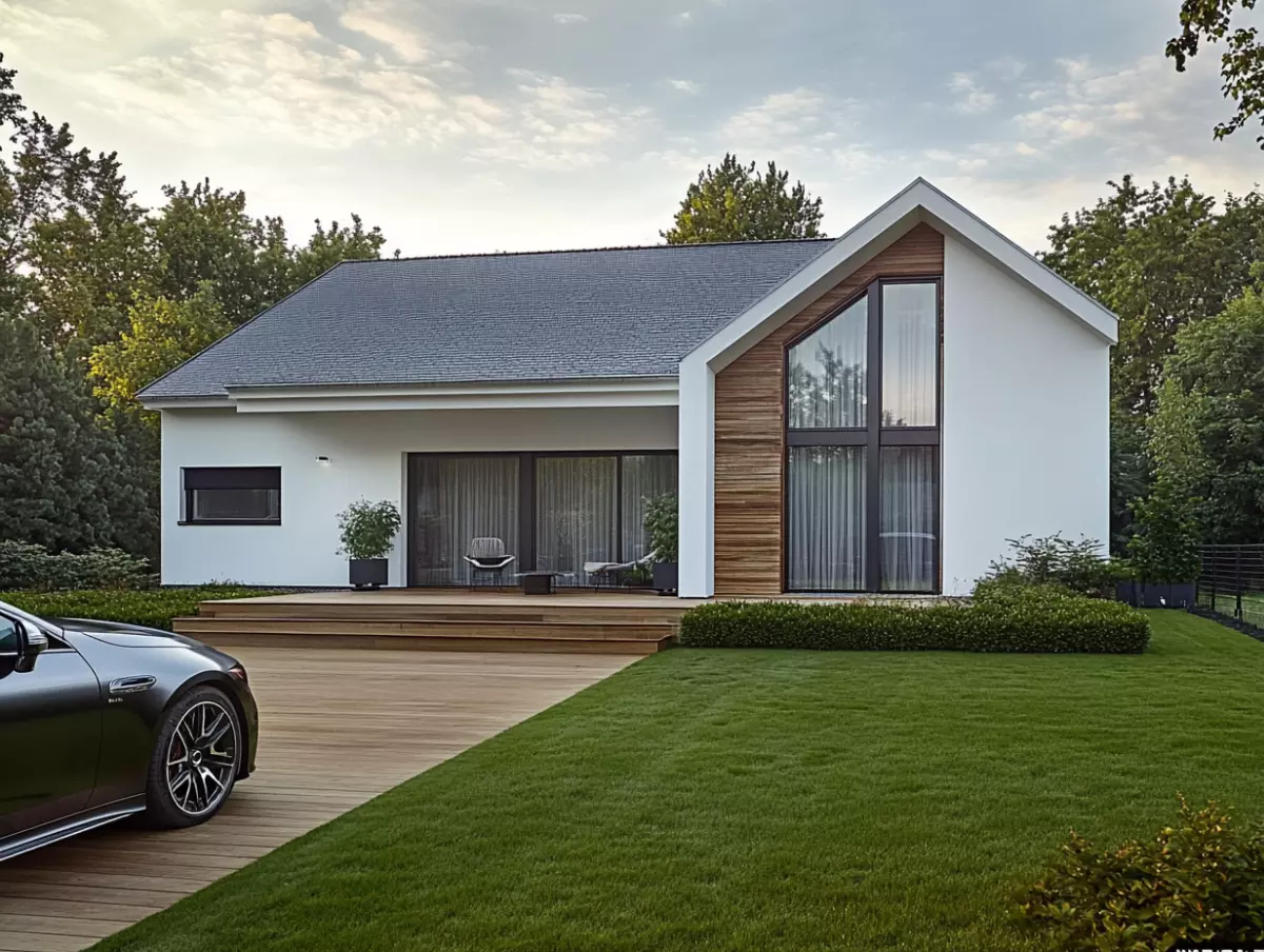 Dom jednorodzinny z trawnikiem i czarnym autem na podjeździe.